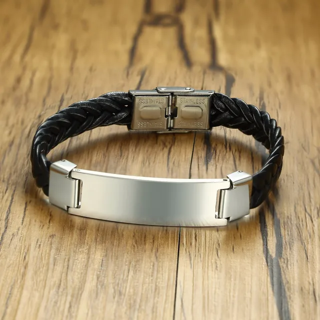 Men S Black Braided Soft Leather Bracelet With Stainless Steel Tag Men S Black Braided Soft Leather Bracelet With Stainless Steel Tag Braslet Bangle For Male Jewelry Pulseras