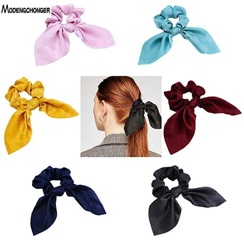 Pure Color Elastic Hair Band Rabbit Ear Bow Pearl Hair Rope Satin Ponytail Scrunchie Hair Tie Girls Women Gum Hair Accessories