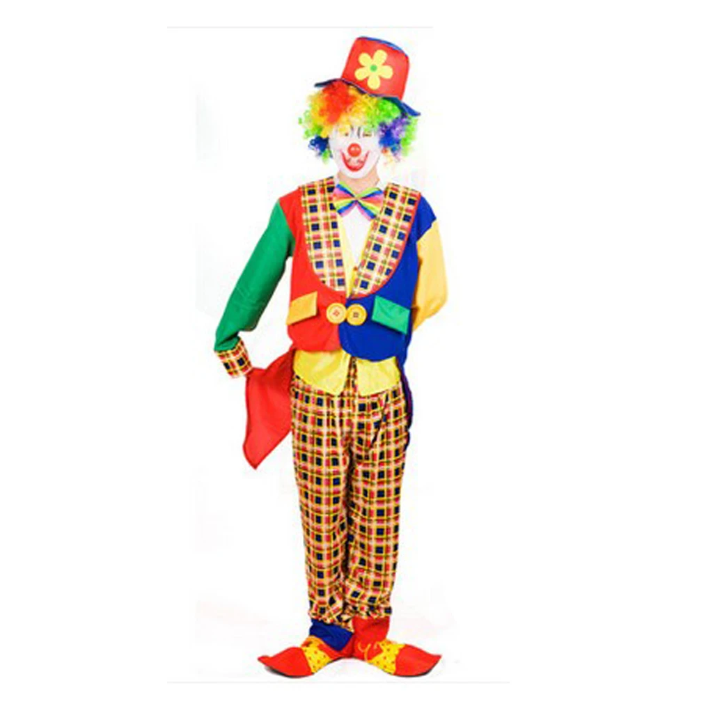 Comedy Clown Costume Halloween Party Tops Coat Pant Hat Set Joke Adult Fancy Dress