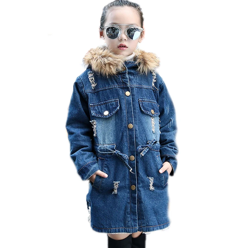 Длинное пальто для девочек 2018 новая зимняя Детская джинсовая куртка для девочек Детская Толстая Вельветовая куртка натуральное зимнее