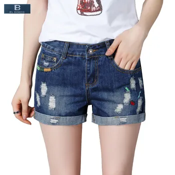 

[EL BARCO] Cotton Denim Embroidery Women Fashion Shorts Jeans Summer Ripped Holes High Waist Soft Breathable Blue Female Shorts