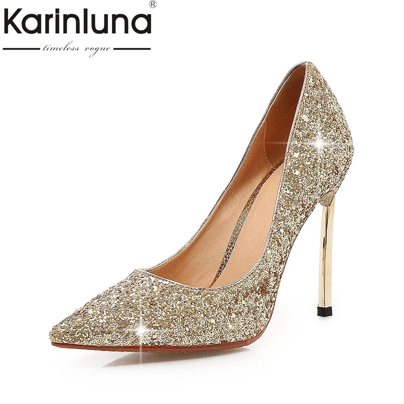

KARINLUNA new large sizes 32-43 pointed toe party shoes women sexy super high heels bling wedding pumps woman shoes gold sliver