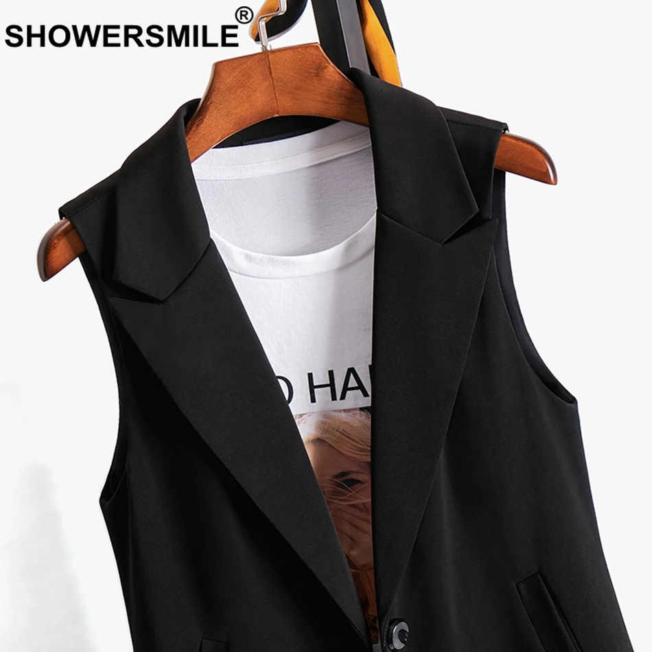 SHOWERSMILE Ladies Waistcoat Black Long Sleeveless Vest For Women Office Elegant Gilet Female Spring One Buttuon Clothing 2019