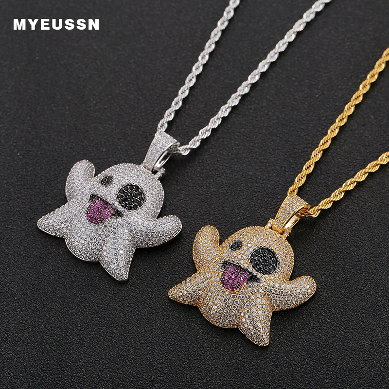 

Hip hop emoji Ghost Necklace & Pendant With rope Tennis Chain Gold Silver Color Bling Cubic Zircon Men'sJewelry For Gift
