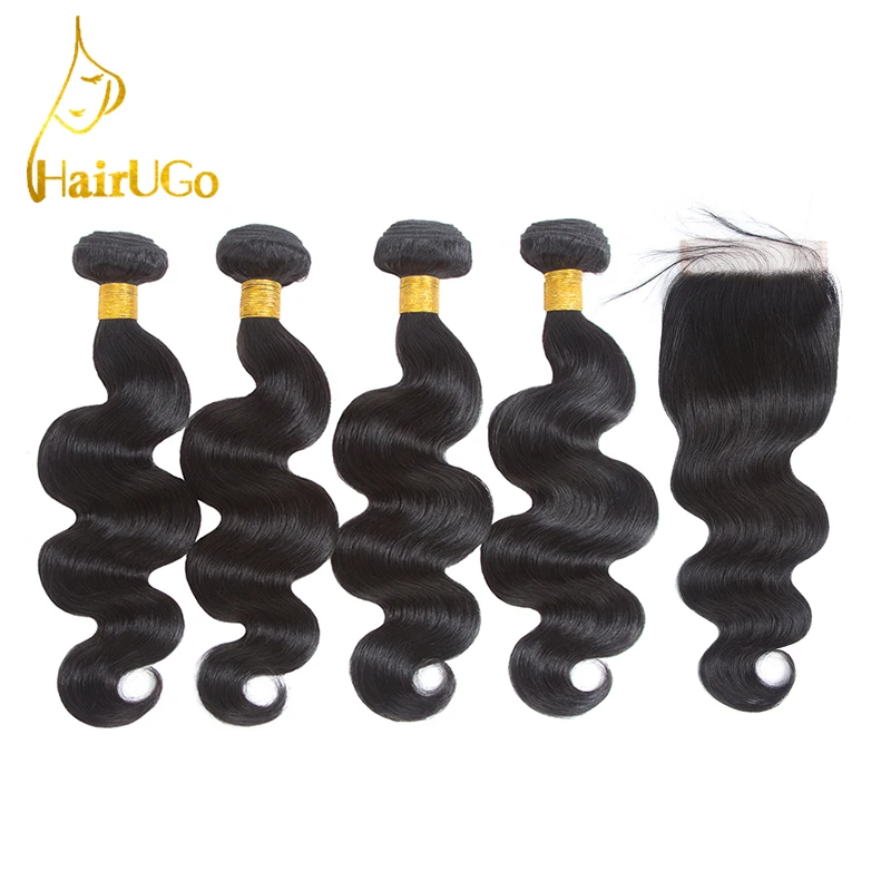 HairUGo перуанский объемная волна Связки с закрытием натуральный черный Пряди человеческих волос для наращивания волна Bundls 4 Bondles с закрытием