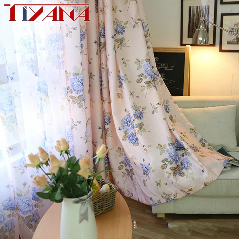 

Pastoral Semi-Blackout Pink Flower Curtain Fabric For Living Room Blue Voile Sheer Curtains Drapes For Children Bedroom AG082&2