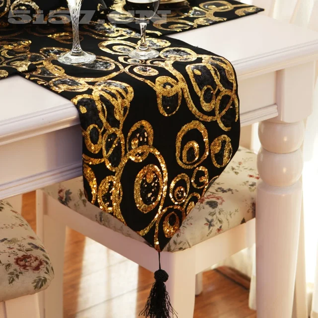 30*200cm Black & Gold circle Sequin Table Runner runner dinner mat Dec