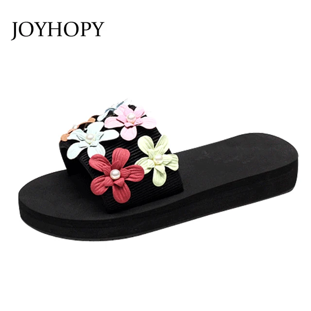 JOYHOPY Bohemia Handmade Flower Slippers Summer Women Beach Shoes Fashion Flat Sandals Outdoor Slides Girl Mules Shoes AWS050