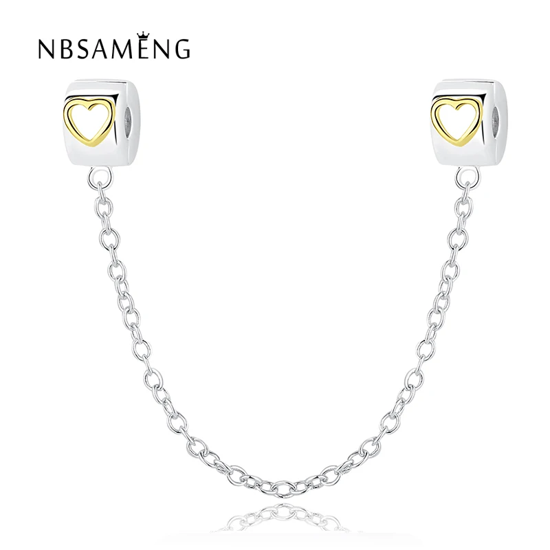 

2018 Authentic 925 Sterling Silver Gold Color Heart Clear CZ Safety Chain Charm Beads Fits Original Pandora Braceles DIY Jewelry