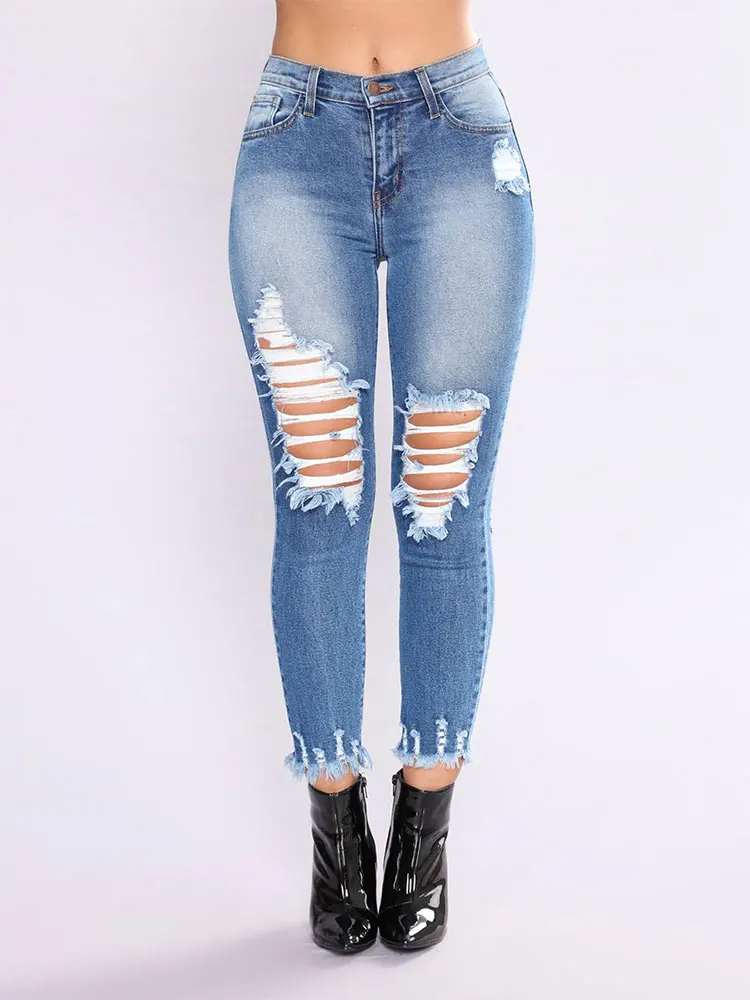 Женские новые стильные модные синие джинсы с низкой посадкой, потертые джинсы-стрейч с эффектом потертости для женщин, рваные брюки