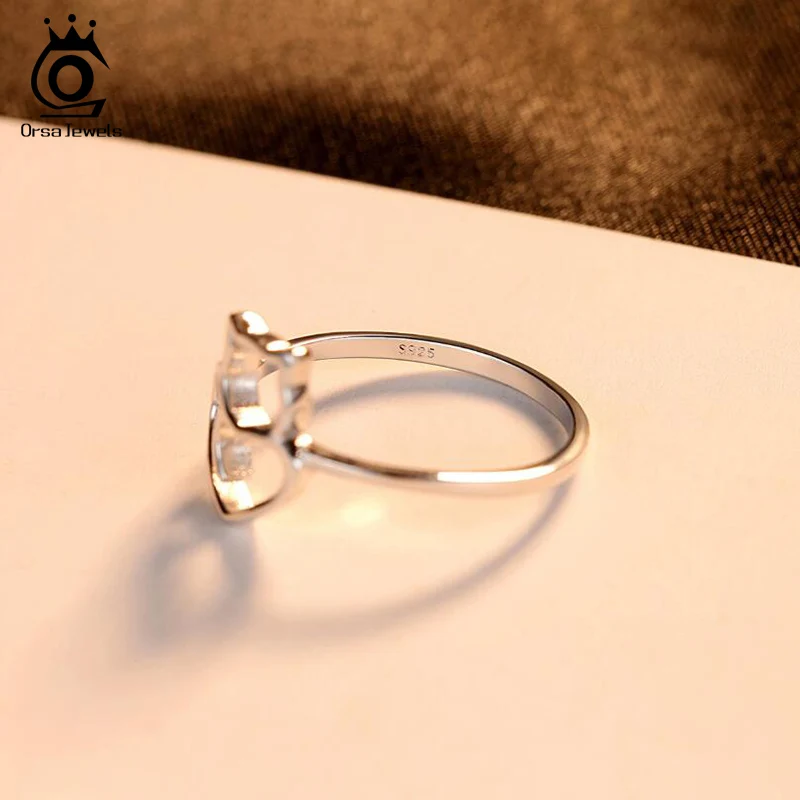 ORSA JEWELS 925 Sterling Silver Women Finger Rings Cute Hollowed Cat Shape Ring Girl Silver Color Female Party Jewelry PSR62