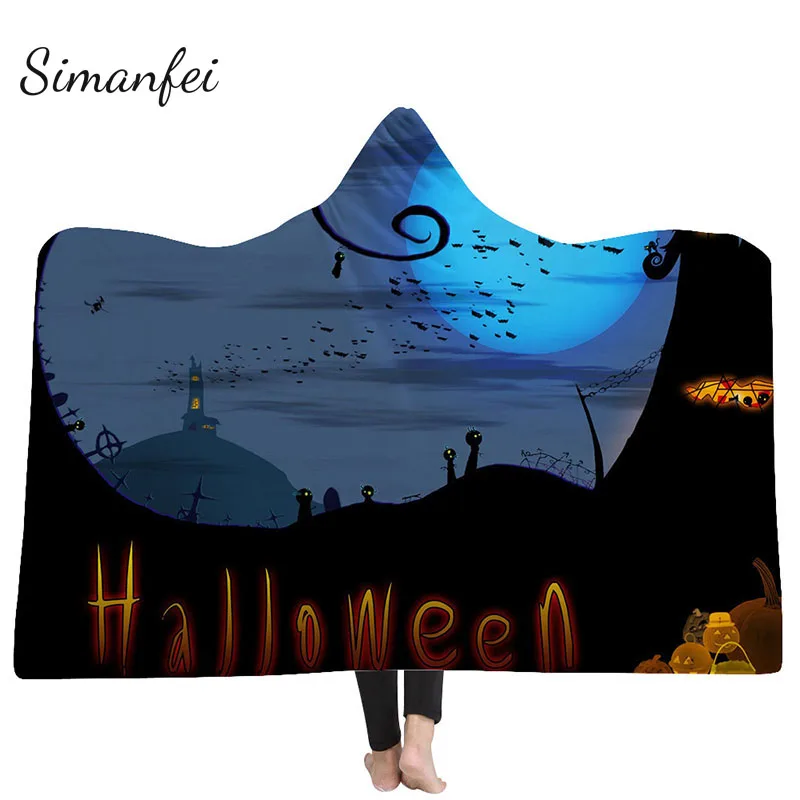 

Simanfei 2019 Halloween Print Hooded Blanket Winter Warm Fashion Fleece Floral Wearable Blanket for Adult Kids