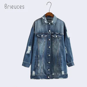 

Brieuces loose casual long coat female Hole Vintage turn down collar multiple pockets cowboy denim coat women coat