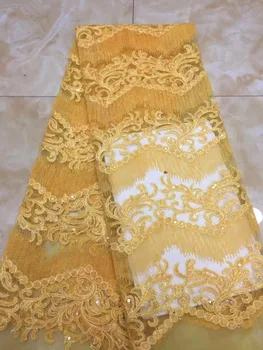 

Yellow high quality French gold line sequins net lace,African velvet tulle mesh sequence lace fabric for party dress 5yards/lot