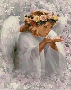 

MaHuaf-X1259 The angel girl blows on the palm painting by Numbers on canvas Hand-painted canvas paintings for Children Room