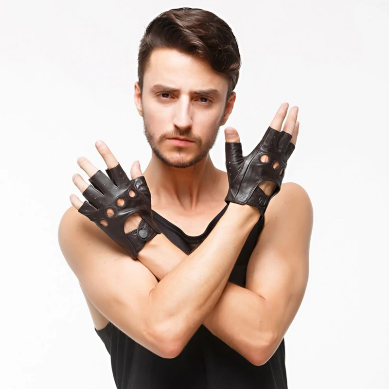 

Free delivery Men Genuine Leather Gloves Slip-Resistant Half Finger Fingerless Gloves Hand Wrist Mittens male 2019 NEW