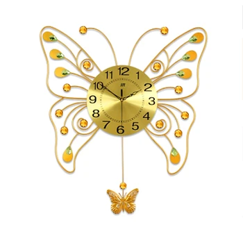 

Golden Wall Clock Metal Frame Rhinestone Decorated Clocks Brilliant Pendulum Clock Stopwatch Home Decor Butterfly