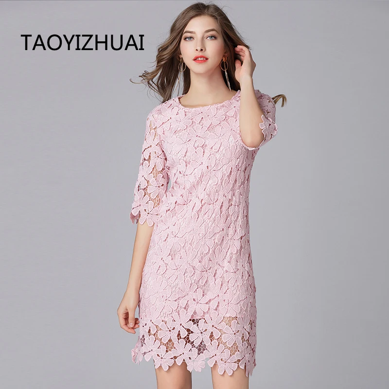 

TAOYIZHUAI 2019 New Arrivals Spring Sweet Style Flare Sleeves O-Neck Plus Size Above Knee Pink Hollow Out Lace Women Dress 11832