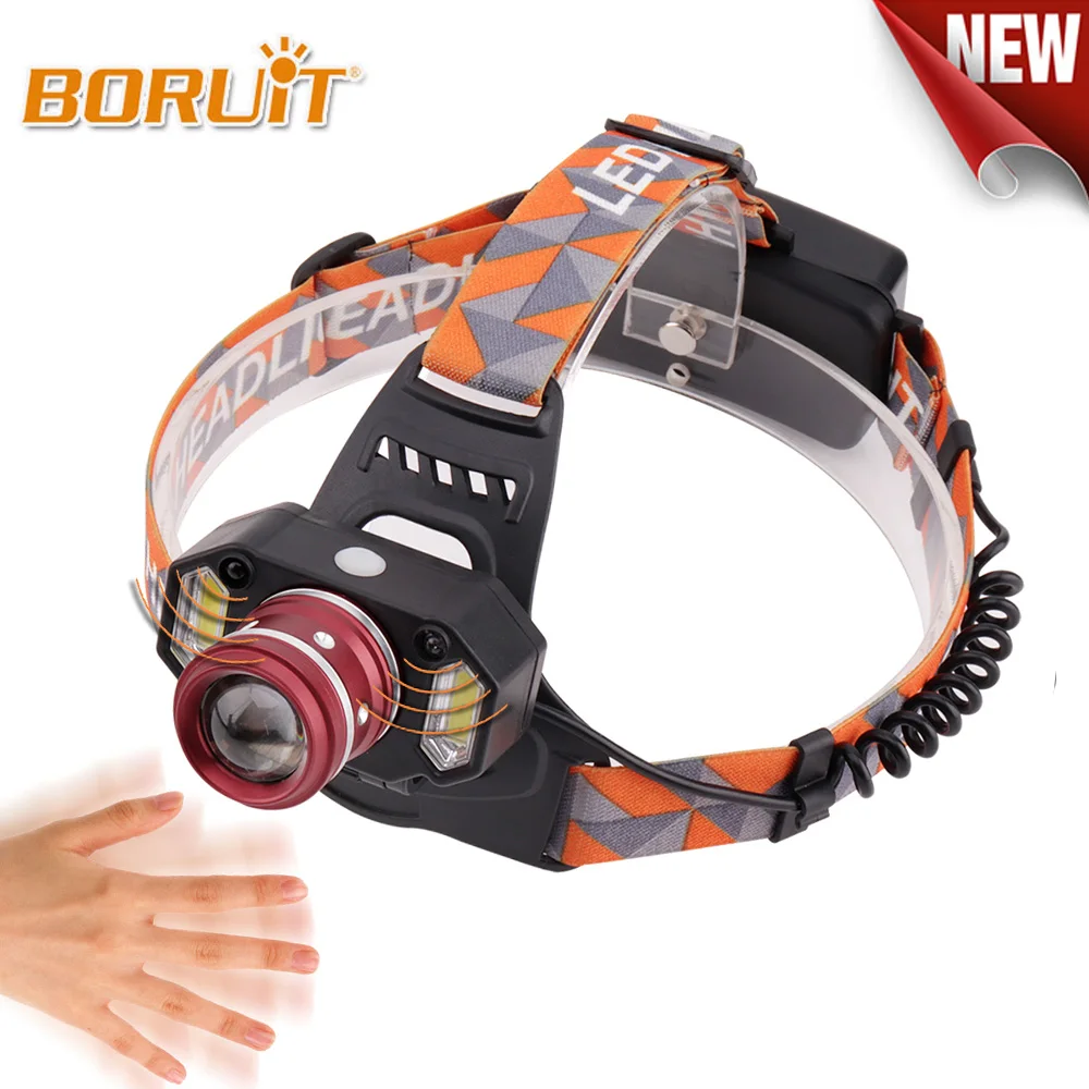 

BORUiT T6 COB LED Headlamp 4 Modes Zoomable Headlight IR Senor Body Motion Head Torch Use 18650 Battery Camping Flashlight