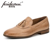 Новое поступление мужская обувь из натуральной кожи мужские мокасины британские Стиль круглый носок, без шнуровки, мужская обувь ручной работы в Туфли без каблуков; удобная повседневная обувь KUD129