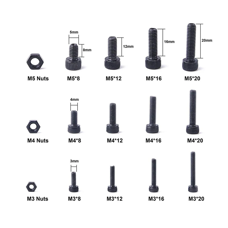 500PCS M3M4M5 Alloy Steel Socket Cap Screws Hex Head Bolt Nuts Assortment Kit 3