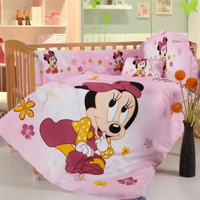 Promotion! 8PCS Mickey Mouse Baby Bedding Set Crib Bumpers Newborn Baby Products cartoon bedding (bumper+matress+duvet+pillow)