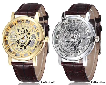Kings Brand Hollow Skeleton Gold Silver Steel Business Watch Men sports Quartz Wristwatch Clock Male Watch