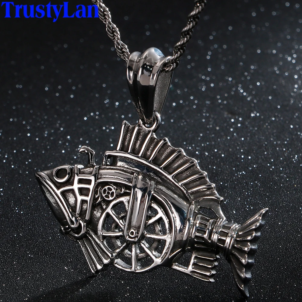 

Unique Design Fish Skeleton Pendants & Necklaces Men Stainless Steel Chains Necklace Biker Jewelry Birthday Gifts For Him Father