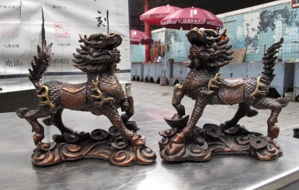 

China Royal Pure red Copper Bronze exquisite kylin Lion Foo Dog beast Lion Pair