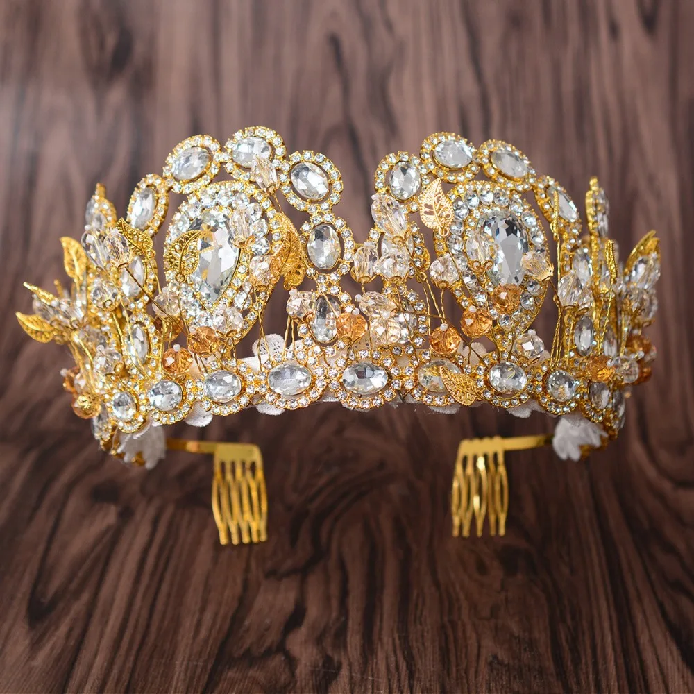 

High Quality Bridal Tiaras and Crowns full Cystal Rhinestone Gold Color Leaf Hair Crown Accessories for Women 2018 Hair Jewelry