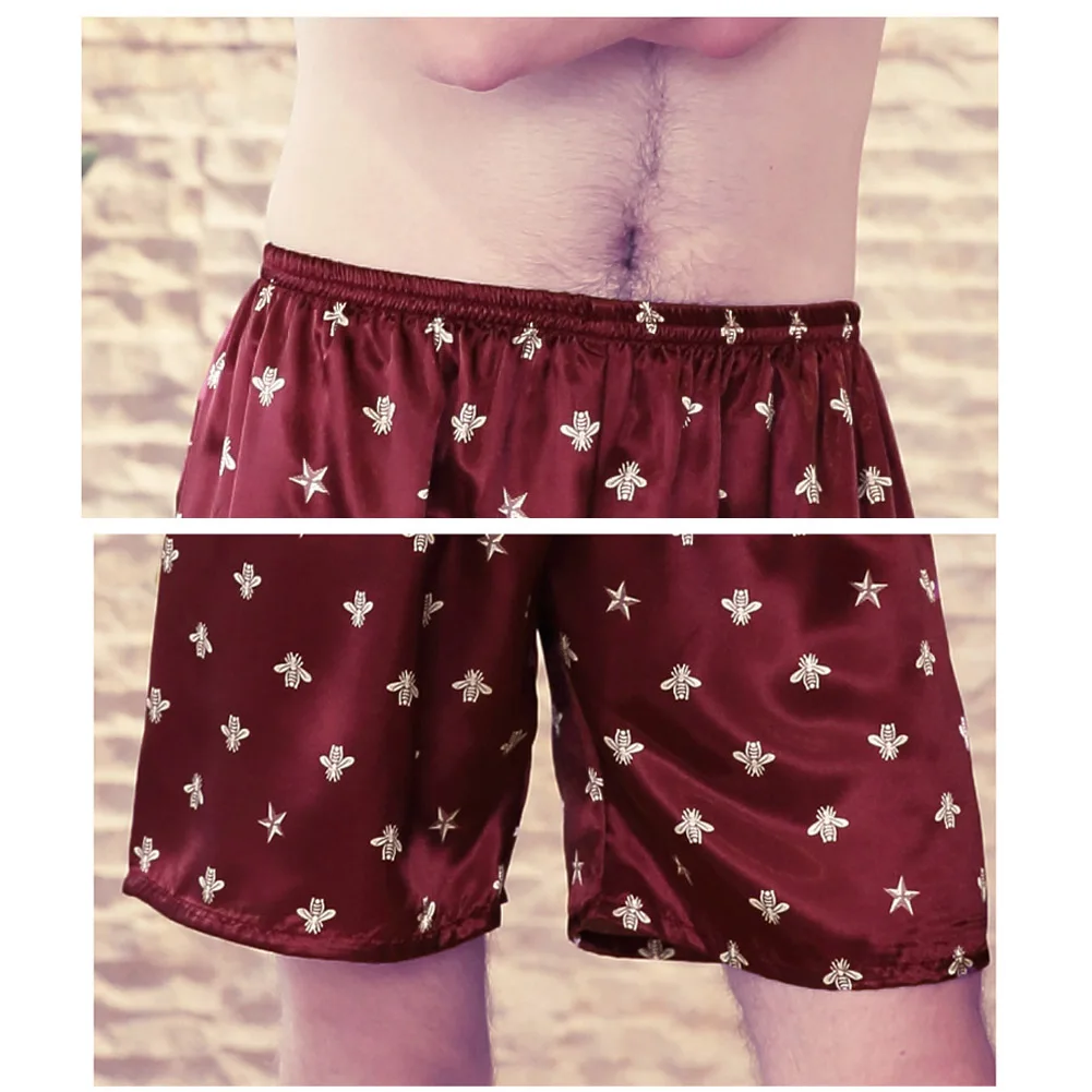 Для мужчин шелковый атлас сна печати спальный брюки эластичный пояс домашние пижамные брюки снизу Pyjama летняя Пижама шорты