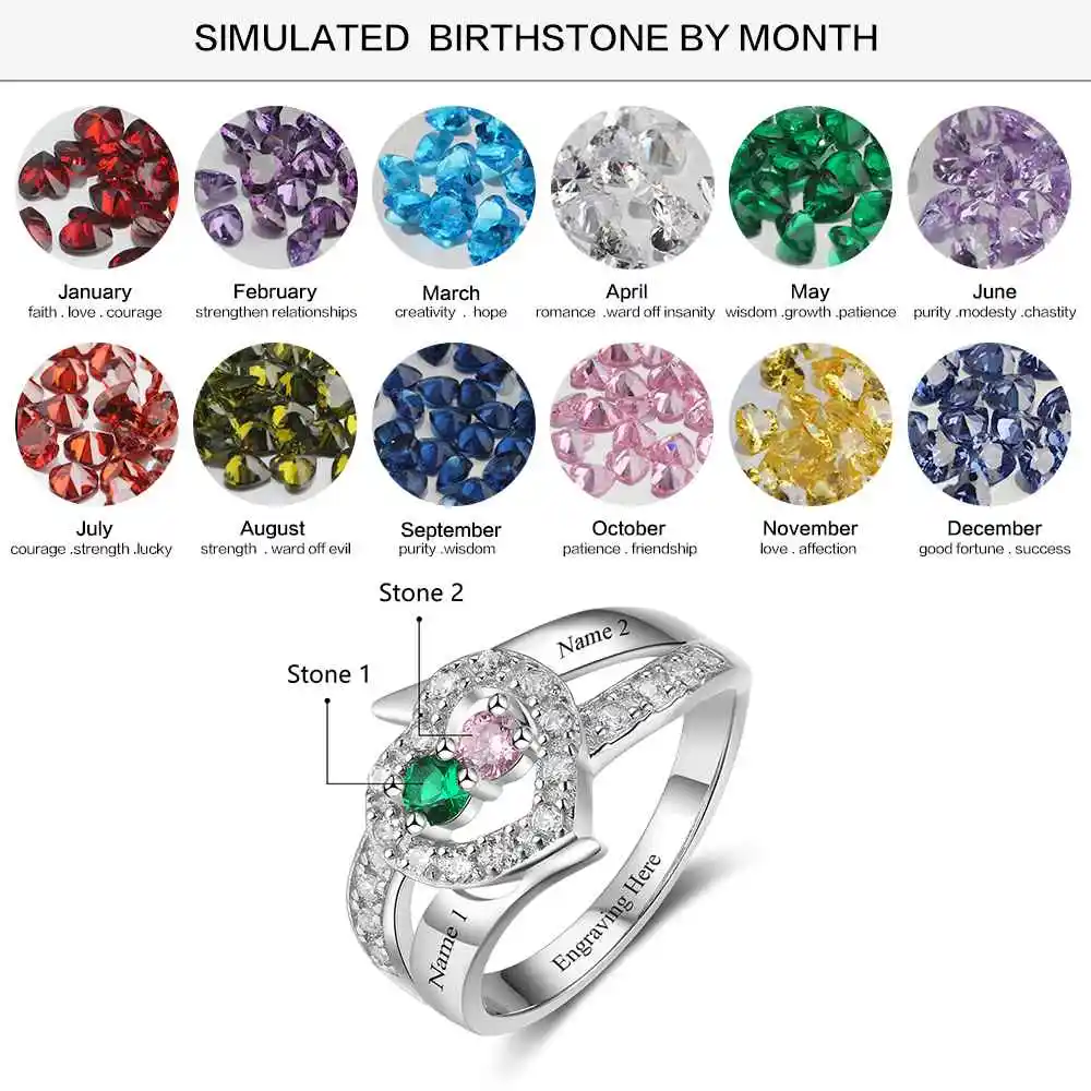 Personalized Gift Birthstone Custom Engrave 2 Names Promise Ring 925 Sterling Silver Anniversary Jewelry (JewelOra RI103271)
