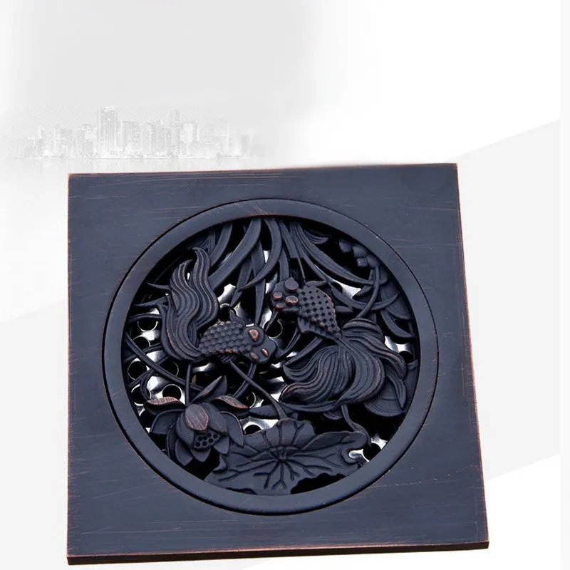 Oil Rubbed Bronze Shower Drain Squar Bath Fish Art Carved Flower Bathroom Floor Waste Grate Shower Drain Drainer KD008