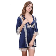 Глубокий V шеи спинки сексуальные ресницы кружева халаты пижамы набор для женщин Лифчик трусики и халат наборы для сна рубашки кардиган пижамы