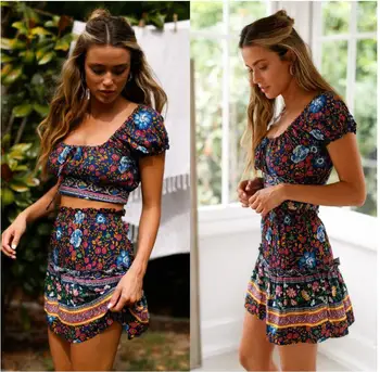 

Square Square Collar None Polyester Cotton Top Fashion Real Free Shipping 2020 Skirt Suit Sexy Print Waist Elastic Sleeveless