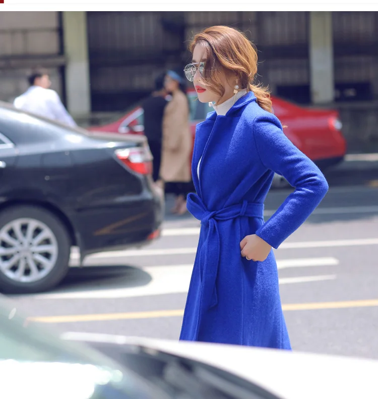 AYUNSUE шерстяное пальто Для женщин Длинные Корейский осень синий тренчи и пиджаки женские с длинным рукавом пальто с поясом Горячая saleLX2078