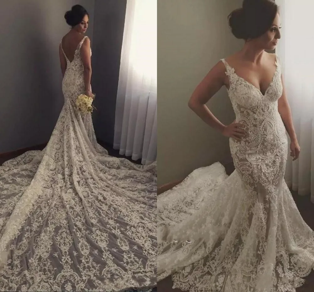 

Robe De Mariage V-neck Appliques Mermaid Wedding Dresses 2019 Lace Backless Vintage Long Bride Wedding Gowns Vestido De Noiva