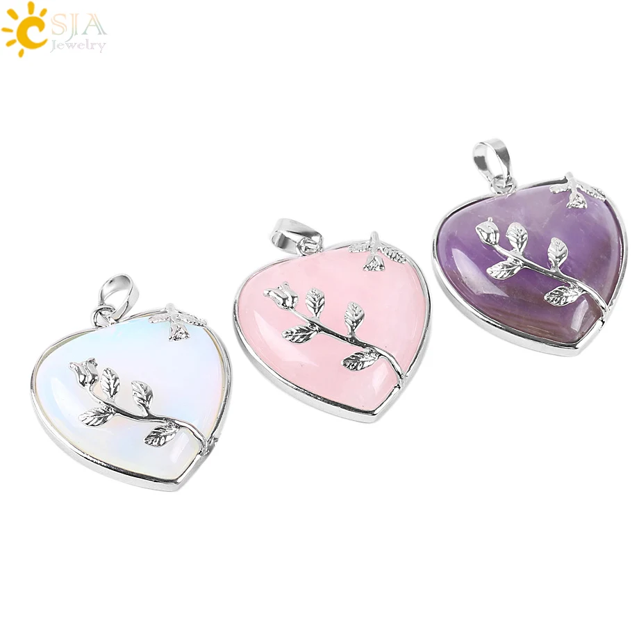 

CSJA Natural Stone Jewelry New Arrival Rose Flower Pendant Leaf Long Necklace Copper Real Love Heart Gem Jewellery for Girl E073
