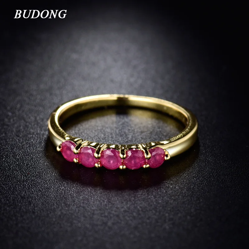 

BUDONG Fashion Cubic Zirconia Band for Women Gold Color Rings Round Engagement Ring Rose Red Crystal Wedding Jewellery R081