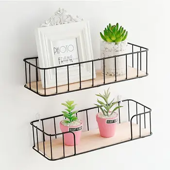 

Large Wall Mounted Partition Shelf Bedroom Wall Hanging IronWood Basket Storage Rack Punch-free Rack