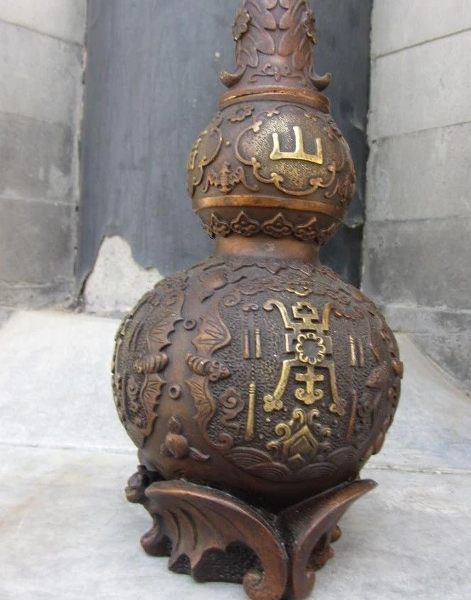 

China Royal Red Copper Bronze Feng Shui Lucky Fu Longevity Gourd cucurbit Statue