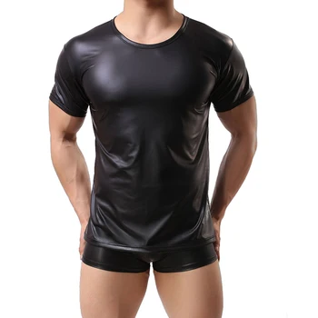 

Black Sexy Mens Soft Faux Leather Shirt Tops Wet Look Short Sleeve O Neck Tee Harajuku Fetish Tshirt Gothic Male Fitness Tops