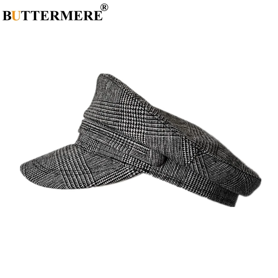 

BUTTERMERE Plaid Military Hats For Women Houndstooth Cotton Linen German Army Caps Ladies Dark Grey Summer Female Flat Top Hat