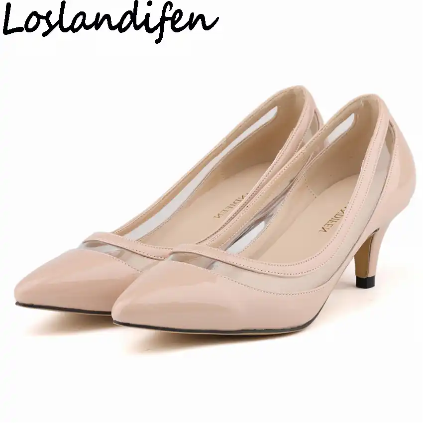 low heel clear pumps