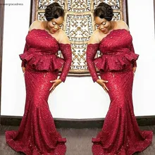 Русалка платье для выпускного вечера Южноафриканский темно-красный расшитый блестками с длинными рукавом формальная праздничная одежда на День независимости США, Выпускной Вечеринка платье