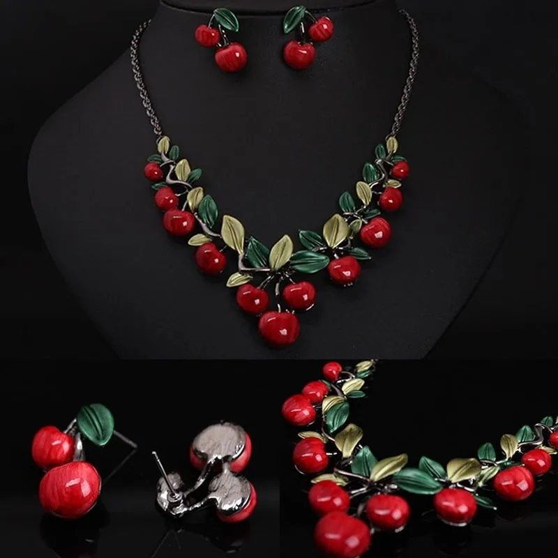 Oil Alloy Cherry Jewelry Sets For Woman Vintage Chain Necklace Pendant Earrings Statement Bridal Wedding Party Gifts Oil Alloy Cherry Jewelry Sets For Woman Vintage Chain Necklace Pendant Earrings Statement Bridal Wedding Party Gifts