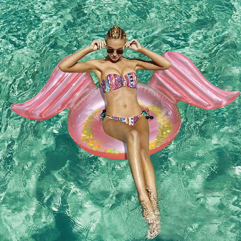 

2018 Hot Rose Gold Inflatable Angel Wings Pool Float with Glitters Inside Inflatable Mattress Swimming Ring Tube Beach Sea Party