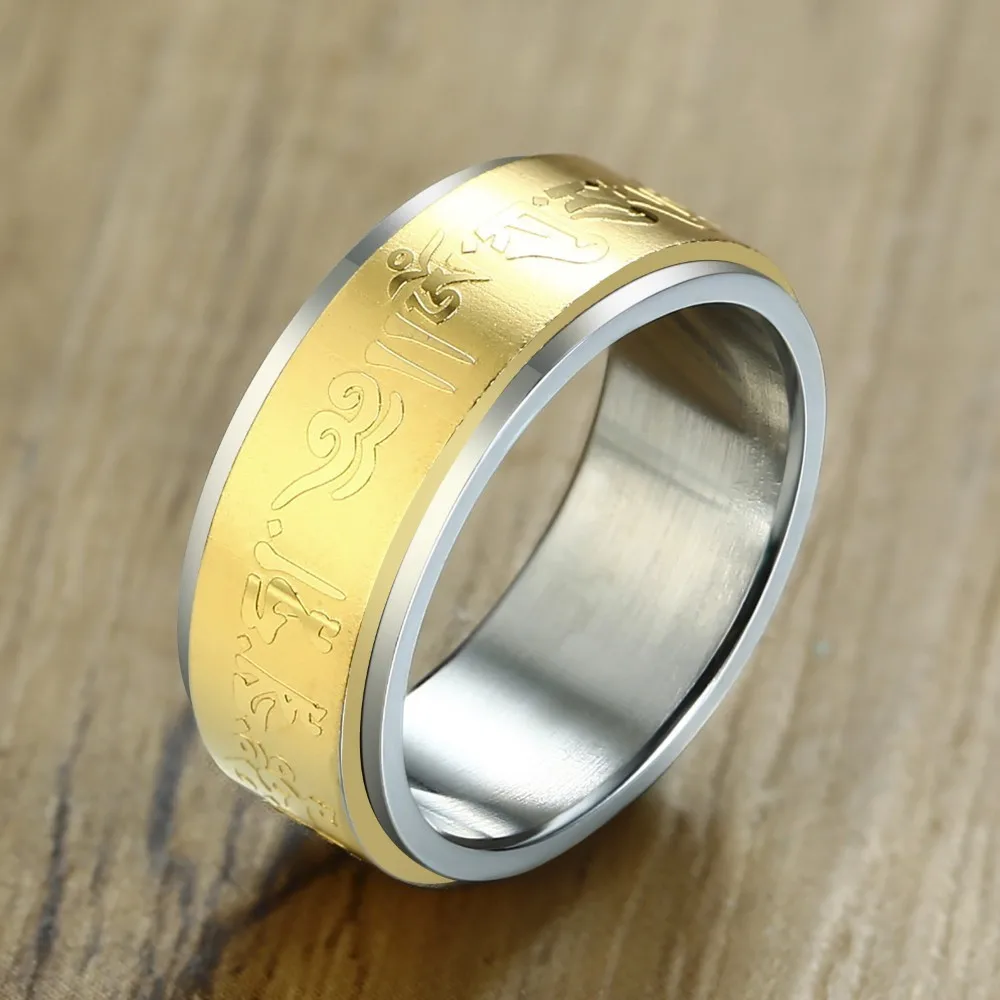 

Men's Two Tone Stainless Steel Spinner Yellow Mammon Mantra Ring Buddha Transshipment Rotate Fortune Bands