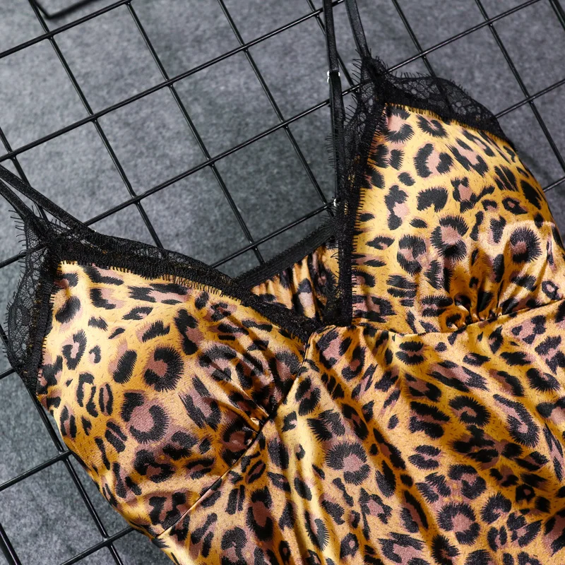 Daeyard ночная рубашка с леопардовым принтом женское шелковое белье для сна, женское белье, сексуальная ночная сорочка с кружевной отделкой, одежда для сна, Летнее мини-платье, домашняя одежда