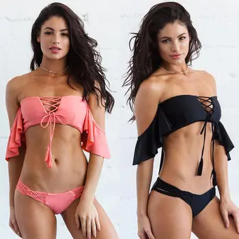 

2018 New Bat Sleeve Ruffle Bandage Bikinis Set Pure Color Bandage Swimwear Lotus Leaf Padded Swimsuit Bathing Suits